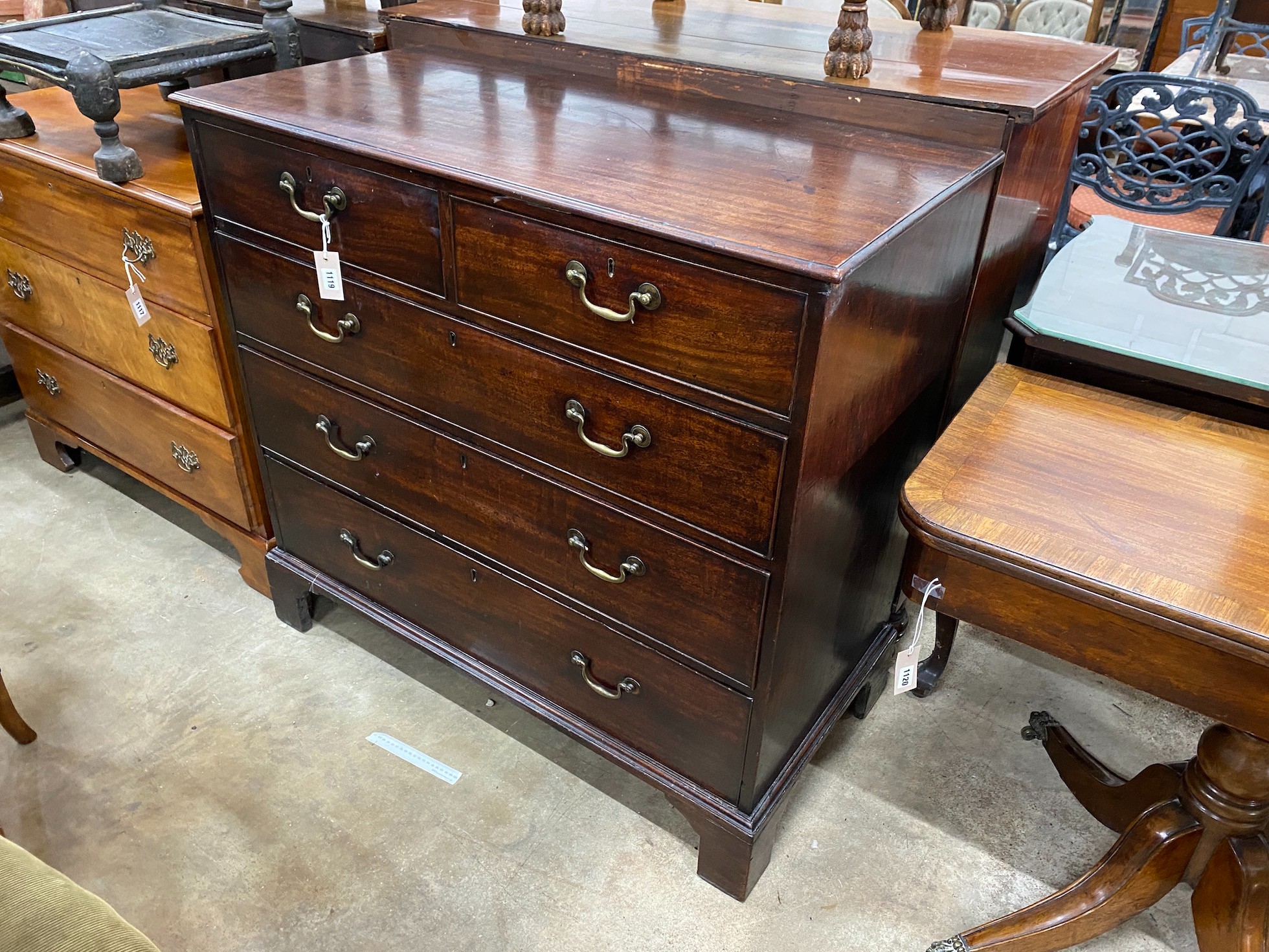 A George III mahogany chest, fitted two short and three long drawers, width 107cm, depth 53cm, height 103cm